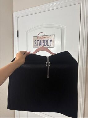 Velvet Black Mini Skirt with Rhinestone Zip Pull